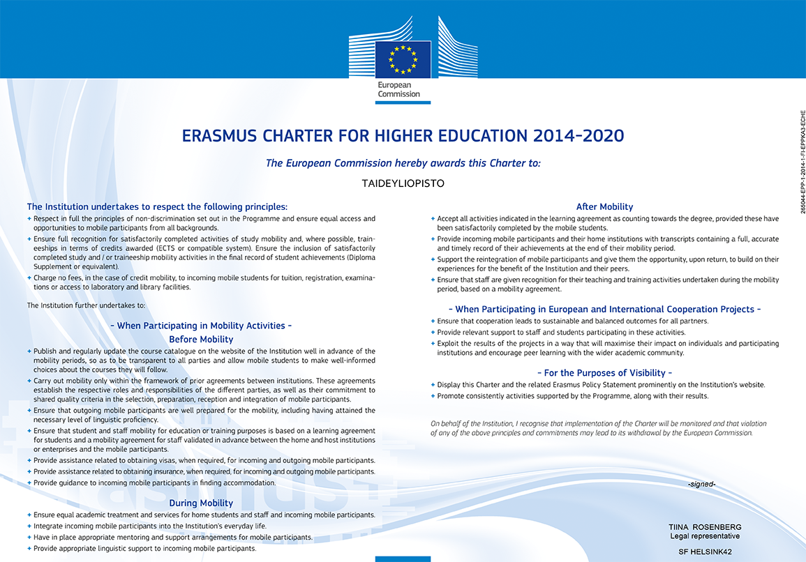 Erasmus Charter for Higher Education 2014-2020 | Uniarts Helsinki