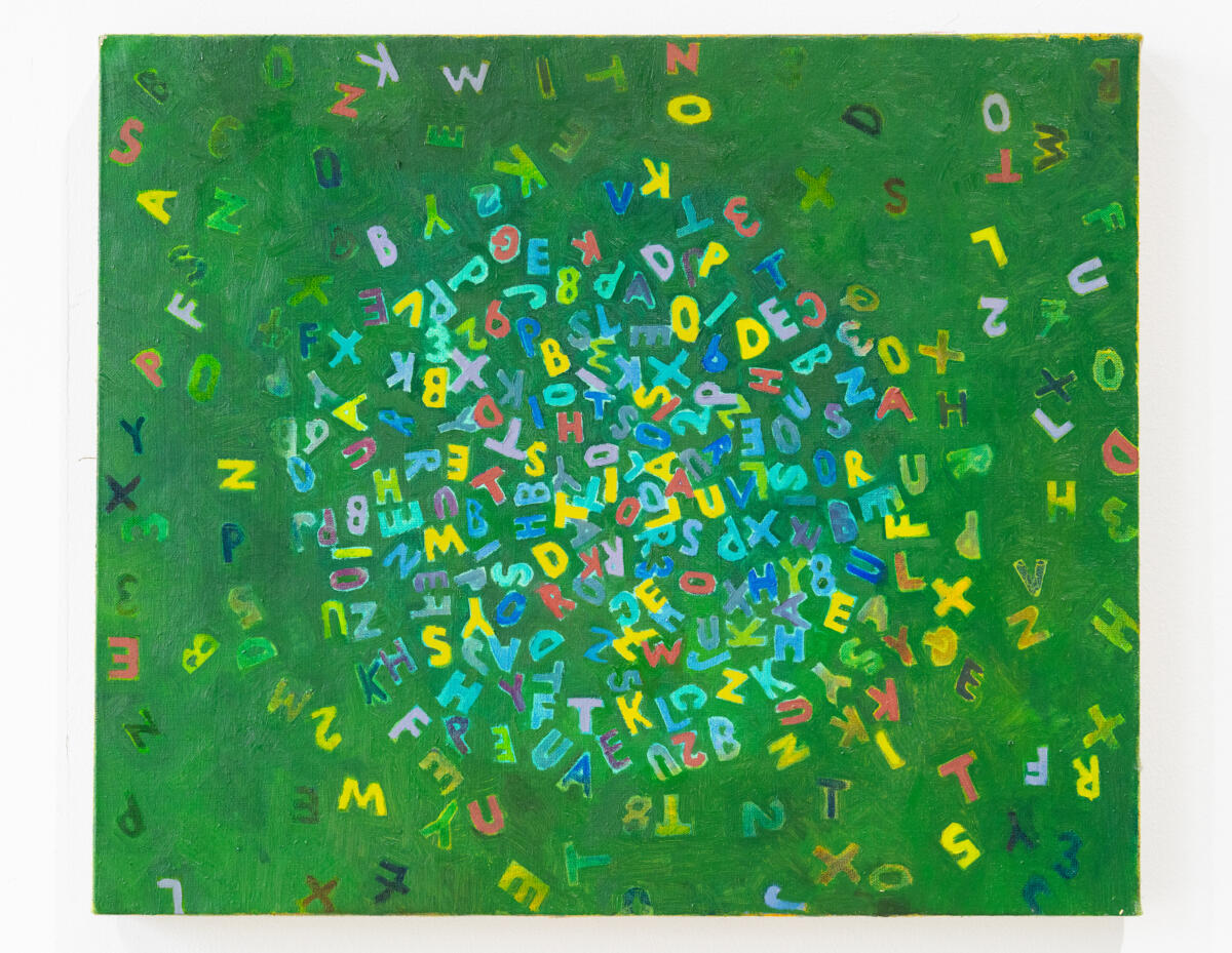 A green painting with multi-coloured letters.