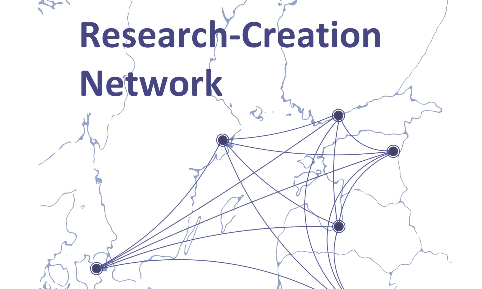 A blue and white image of a map of nordic and baltic countries with lines from one capital to another. The lines form a network. On the map it's written "Nordic-Baltic Research-Creation Network"