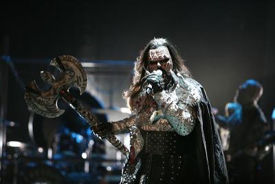 Finnish group Lordi perform Hard Rock Hallelujah at the 2007 Eurovision Song Contest.